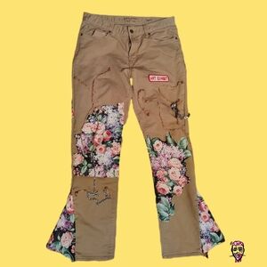 Floral Embellished Tan Flare Jeans